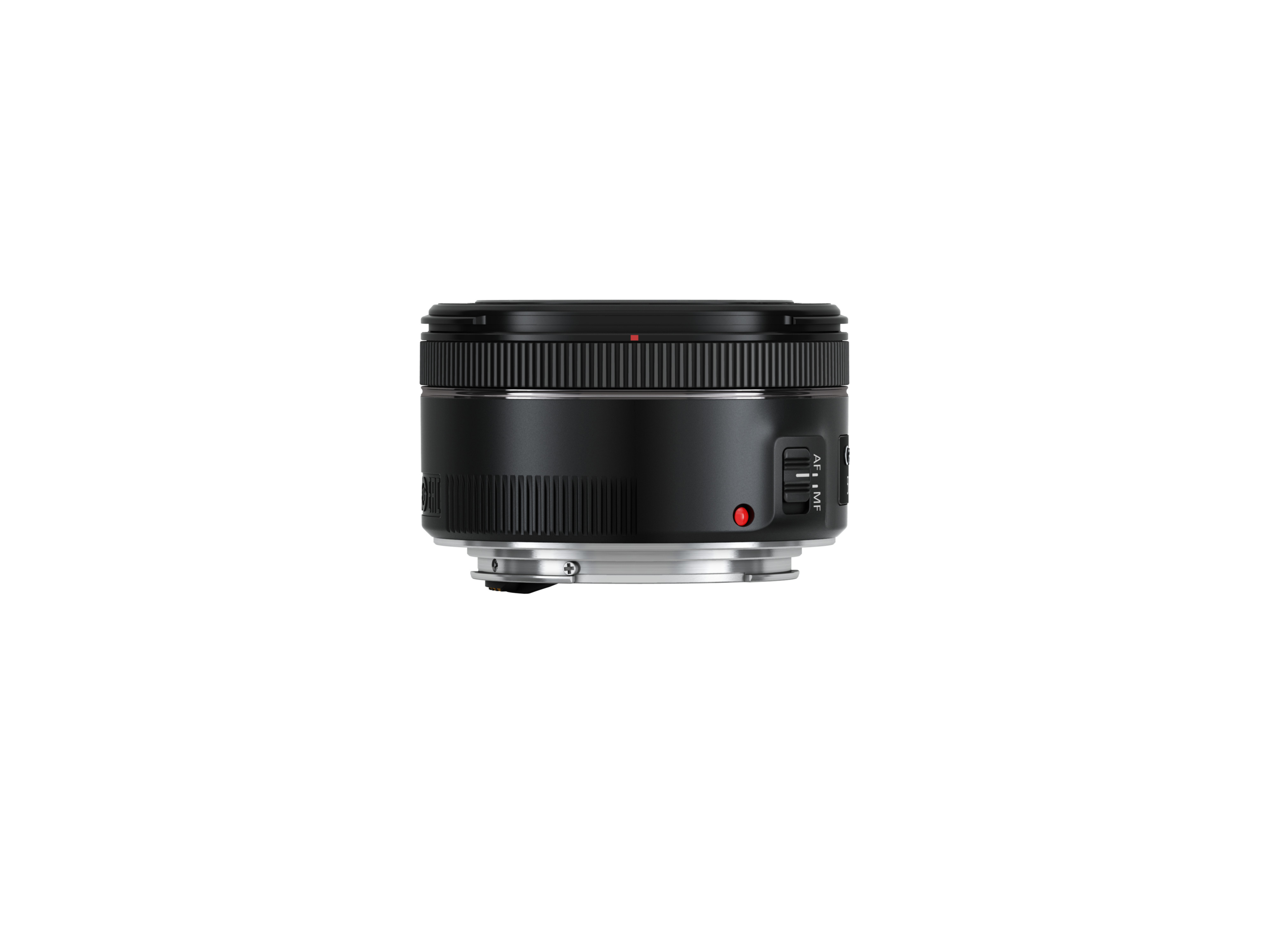 Ein schwarzes Canon 50mm Objektiv. Es ist auf weißem Grund und das einzige Objekt.