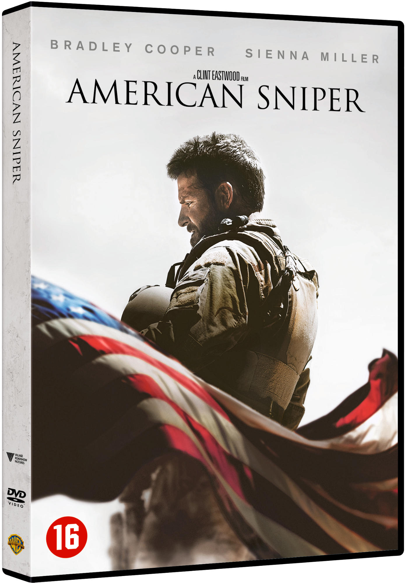 Boîtier DVD pour American Sniper. Montre Bradley Cooper avec un drapeau américain.