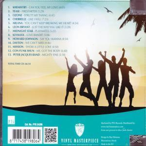 CD-Cover mit tropischer Szene und Silhouetten von Personen mit erhobenen Armen, mit Titelliste und QR-Code.