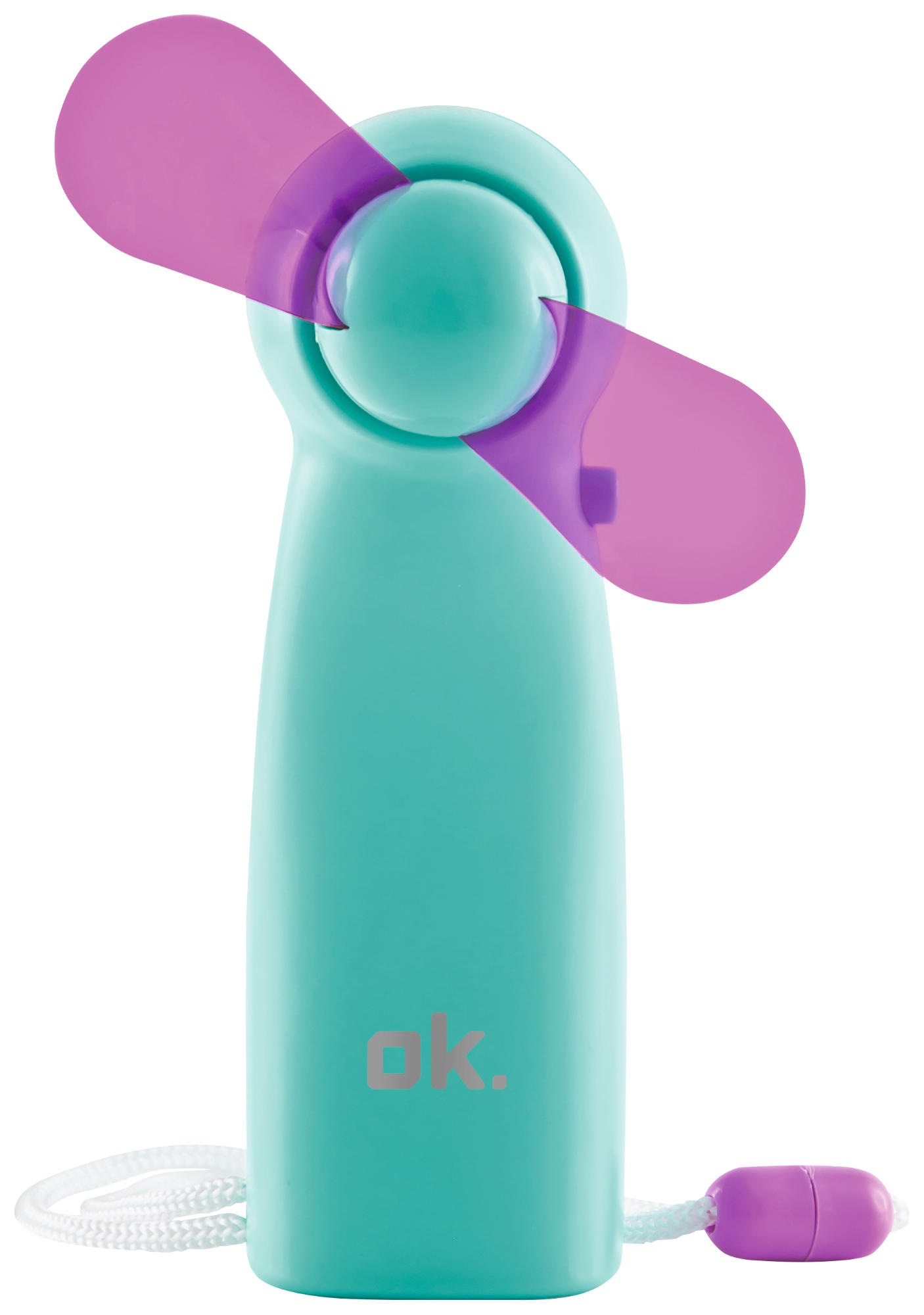 Handventilator, türkisfarbener Körper mit rosa Flügeln und einer Kordel. Weißer Hintergrund.
