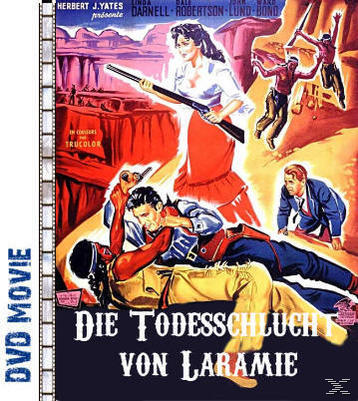 DVD-Cover für Die Todesschlucht von Laramie. Ein Western-Filmposter. Menschen in verschiedenen Actionposen.