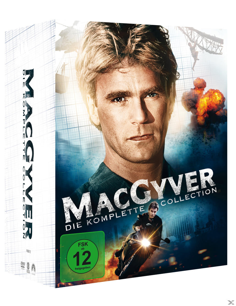 DVD-Box-Set von MacGyver. Das Cover zeigt das Gesicht eines Mannes und eine Motorradszene.