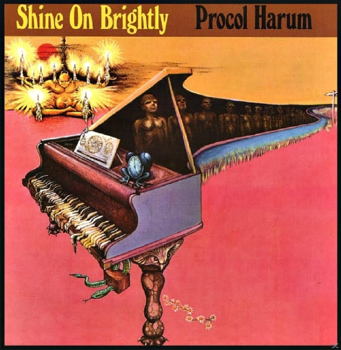 Albumcover mit Klavier, Figuren und blauem Fluss. Der Titel lautet Shine On Brightly, Procol Harum.