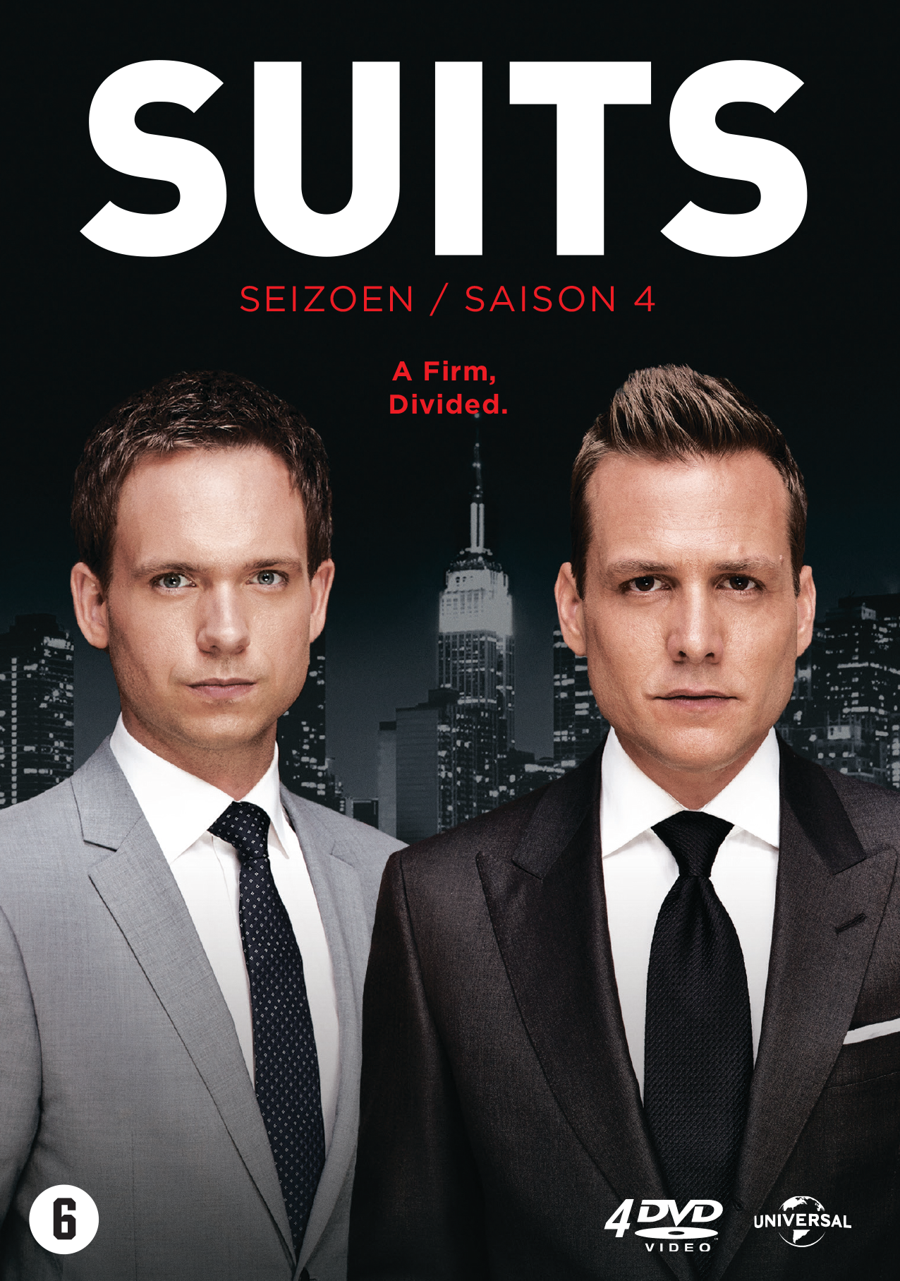 Poster van de tv-serie Suits. Twee mannen in pakken staan in het midden. Titel 'Suits' bovenaan, seizoen 4 in het midden.
