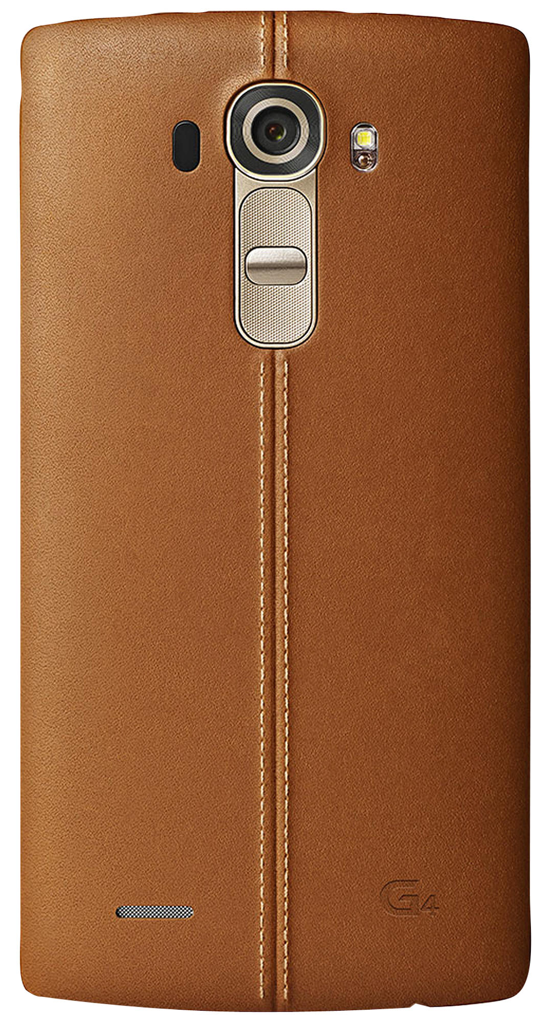 Rückansicht eines braunen Leder-LG G4 Smartphones. Kamera, Blitz und Lautsprecher sind sichtbar. Weiße Nähte.