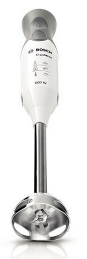 Witte Bosch ErgoMix staafmixer met roestvrijstalen onderdelen en knoppen.