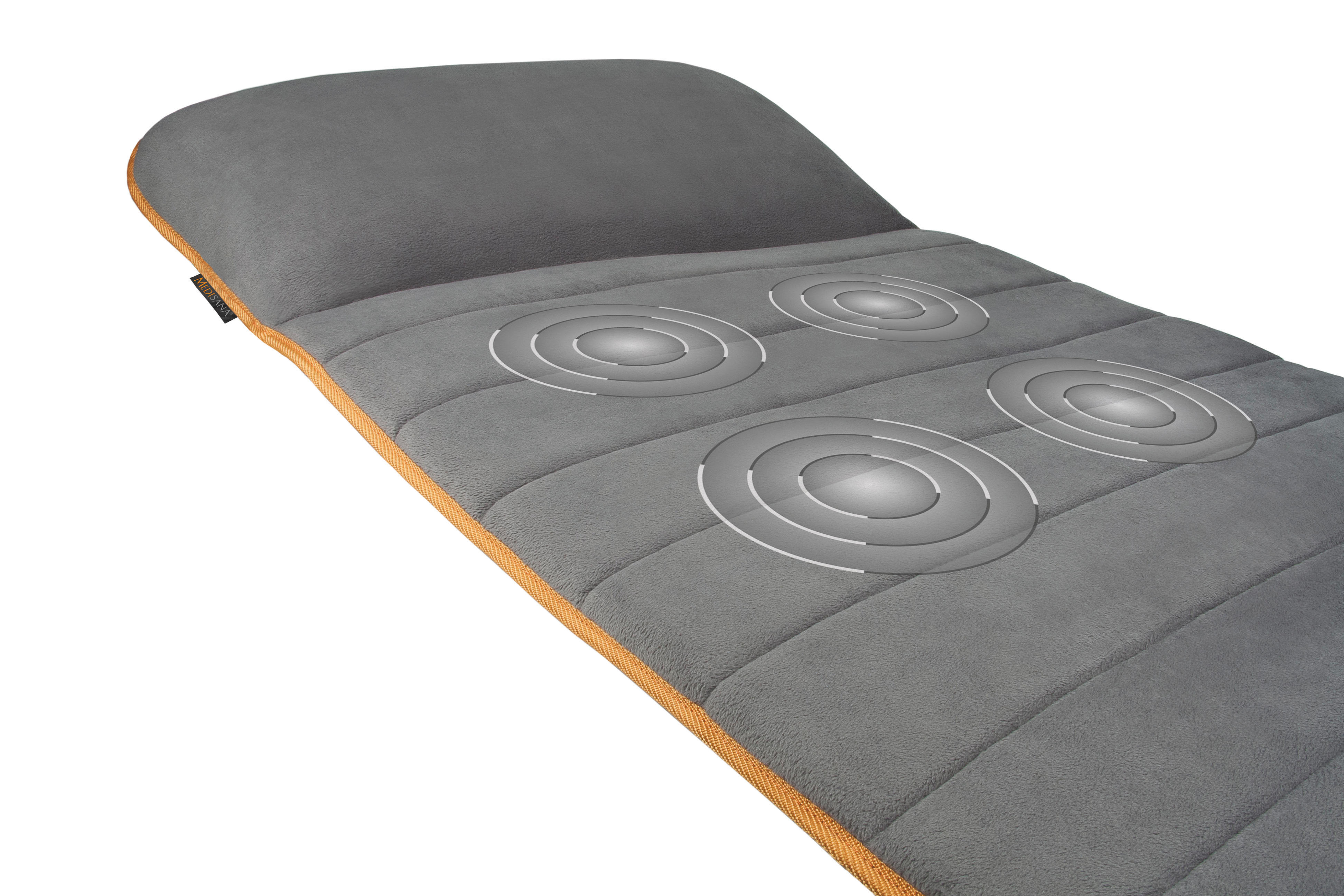 Graue Massagematte mit orangefarbenem Rand und vier beleuchteten Kreisen, weißer Hintergrund.
