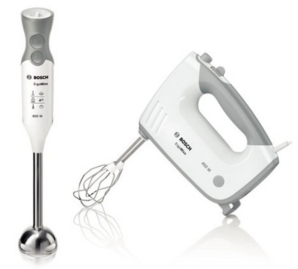 Twee Bosch keukenapparaten: een witte en grijze staafmixer en een witte handmixer.