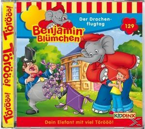 Benjamin Blümchen CD-Cover. Cartoon-Szene mit Drachen und Elefant. Gelb und rot.