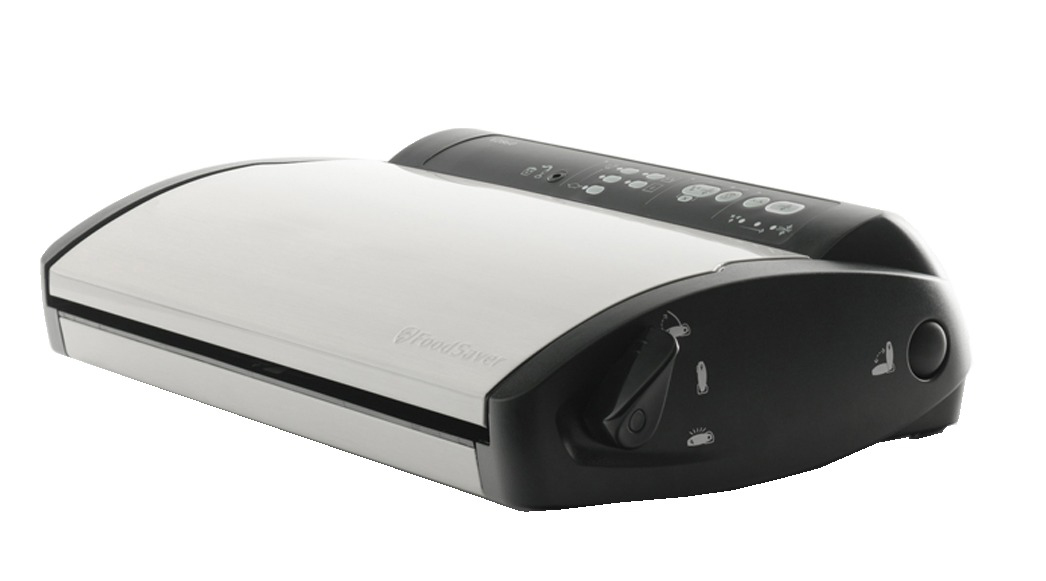 White and black FoodSaver appliance on a white background.