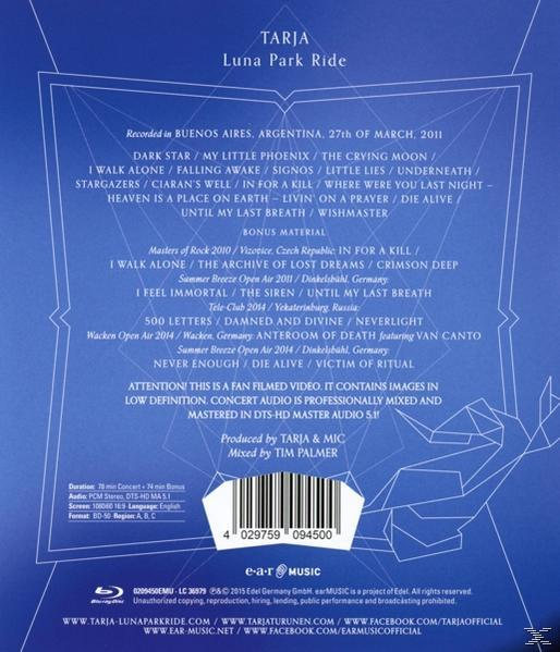 Blaue Konzert-DVD-Hülle. Listet Songtitel und Details auf und zeigt Tarjas Namen und einen Barcode am unteren Rand.