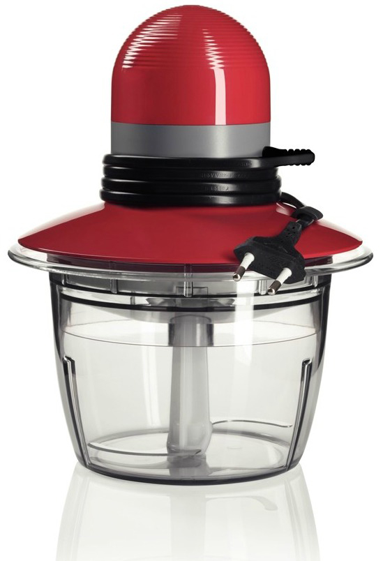 A red and clear food chopper with a black cord and plug, on a white background.