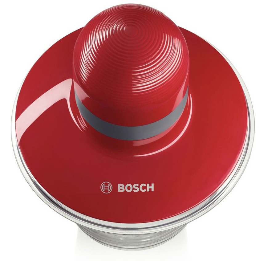 Red Bosch food processor from a top-down view.