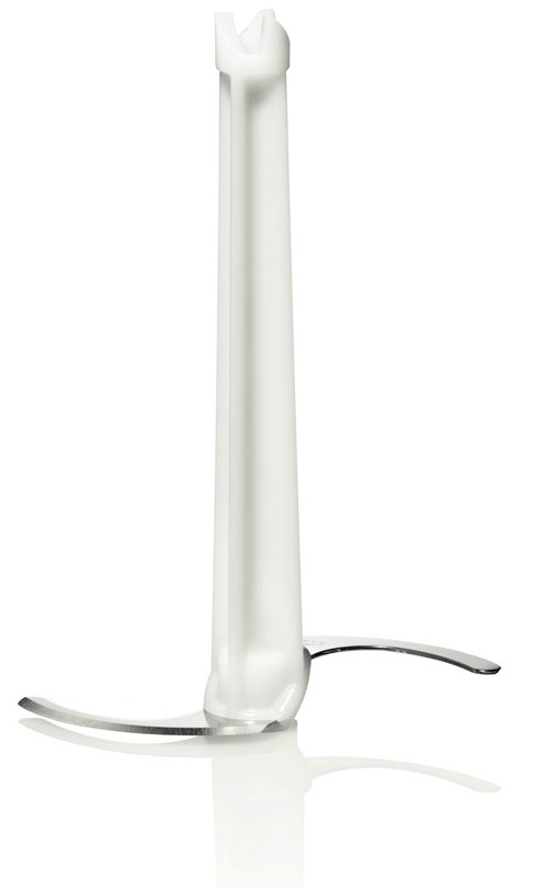 A white food processor blade, with a long, white handle and two curved blades at the bottom.