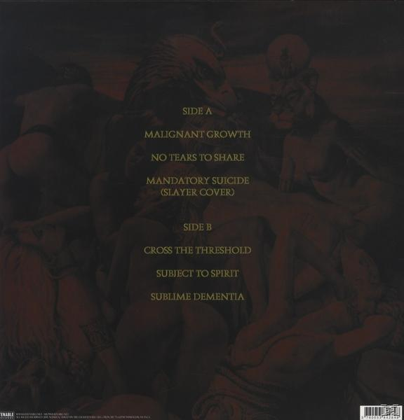Albumcover mit einer dunklen Szene von Figuren und Text, mit Texten links.