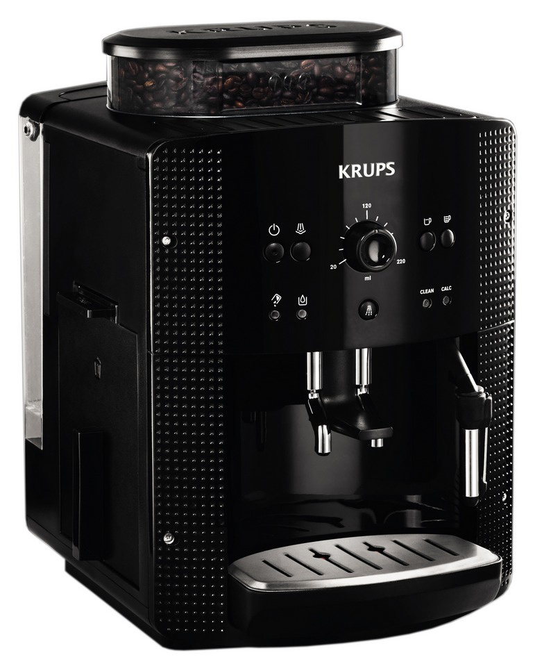 Een zwarte Krups koffiemachine. Bovenop een bonencontainer. Knoppen en een draaiknop aan de voorkant. Een lekbakje aan de onderkant.