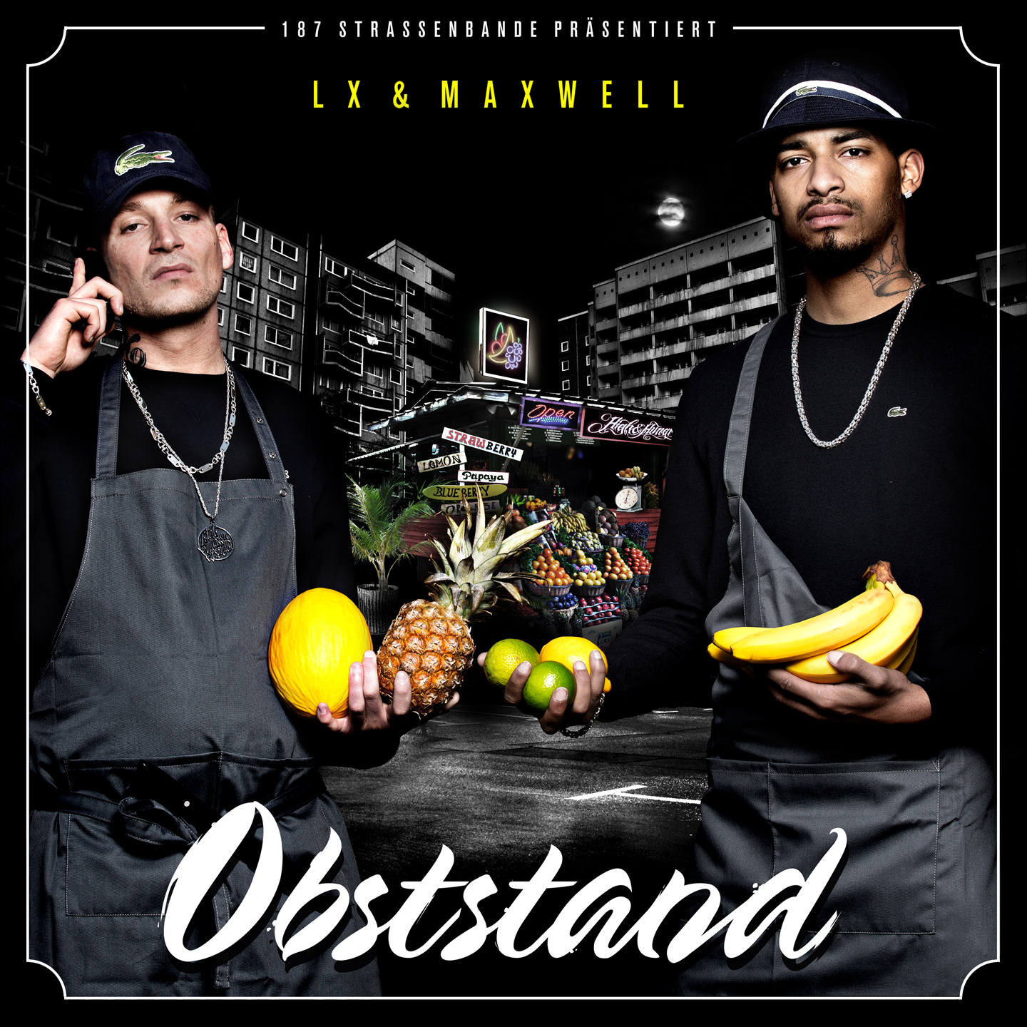 Albumcover mit zwei Männern, die Obst halten, mit dem Wort "Obststand" und Text.