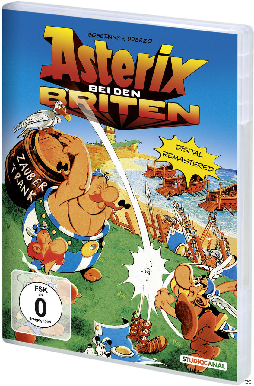DVD-Cover von Asterix. Cartoon-Bild von Asterix und anderen Charakteren. Grüner Hintergrund.