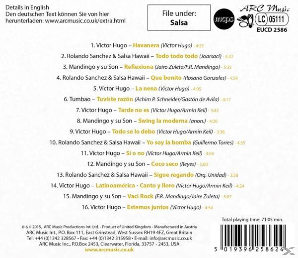 CD-Rückseite. Listet Tracks auf Spanisch auf. Text auf Spanisch. Weißer Hintergrund mit Logos.