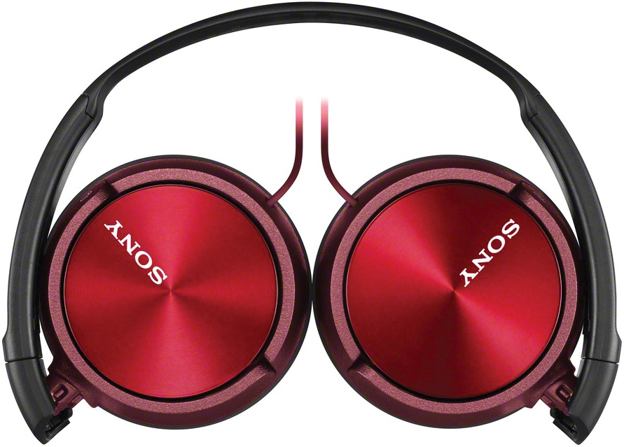 Red Sony headphones, circular ear cups, black headband, white background.