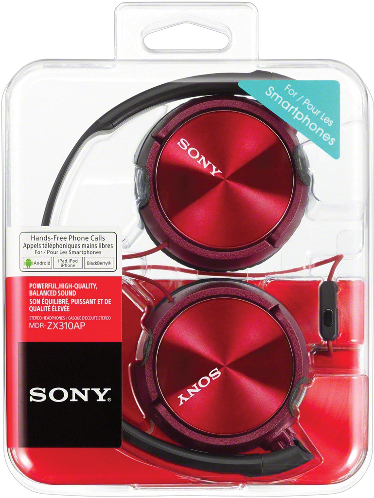 Red Sony headphones in a clear plastic package with text.