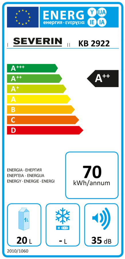 Étiquette énergie Severin KB 2922 : Classe A++, 70 kWh/an, capacité 20L, 35 dB.