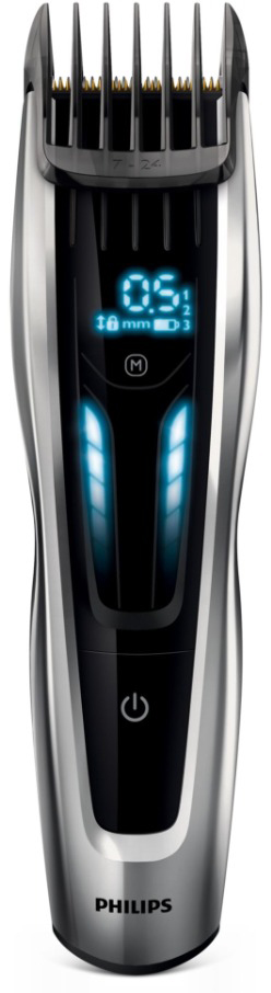 Silver and black Philips hair clipper with a blue digital display.
