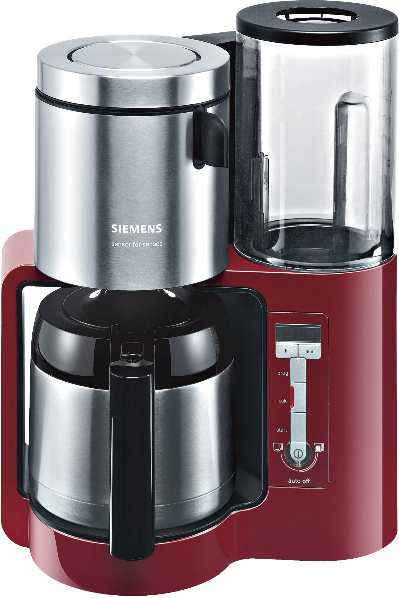 Rote und silberne Siemens Kaffeemaschine mit transparentem Wasserbehälter und schwarzer Karaffe.