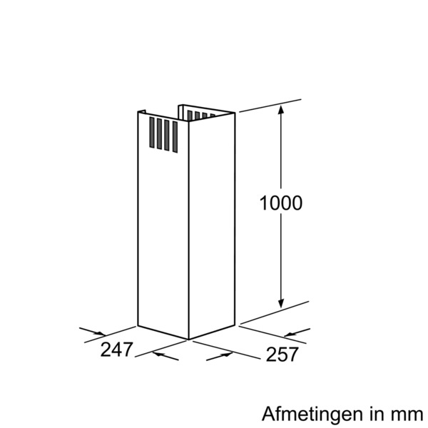 Diagram of a rectangular structure with dimensions: 247mm x 257mm x 1000mm high. Labeled "Afmetingen in mm" (Dimensions in mm).