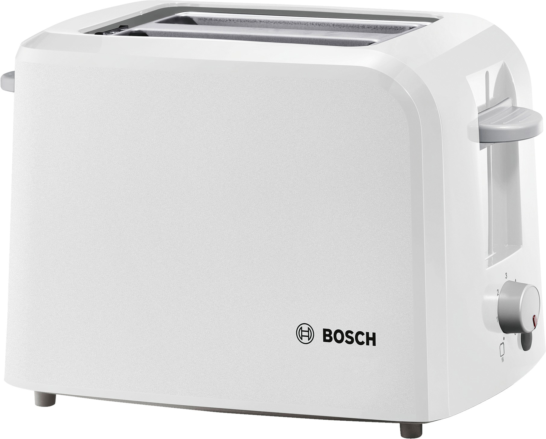 Ein weißer Bosch-Toaster mit grauem Hebel und Drehknopf. Der Toaster steht auf einer weißen Oberfläche und hat das Bosch-Logo.