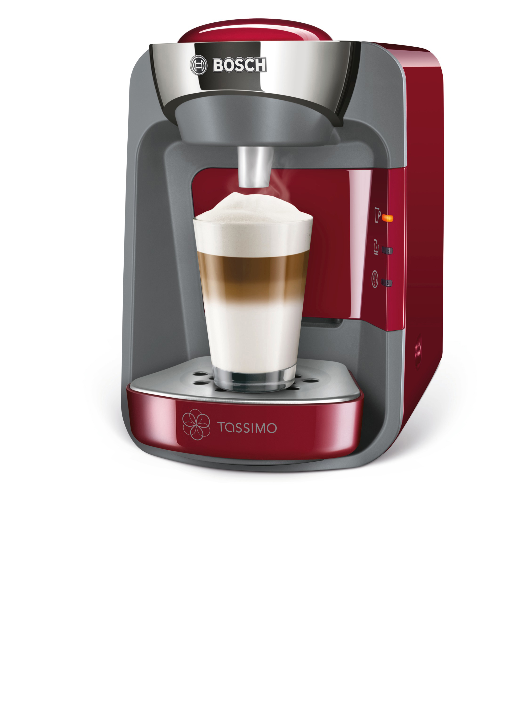 Rote und graue Bosch Tassimo Kaffeemaschine. Ein Glas Latte mit Schaum wird zubereitet.
