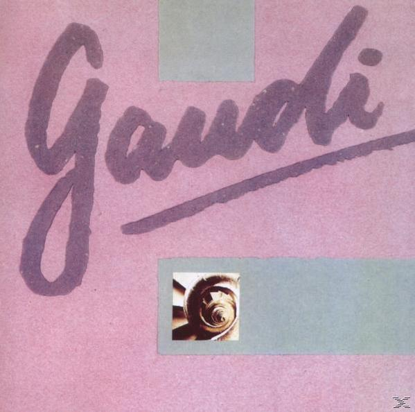Albumcover von 'Gaudi' mit stilisiertem Titel und abstrakten Formen auf pinkem Hintergrund.