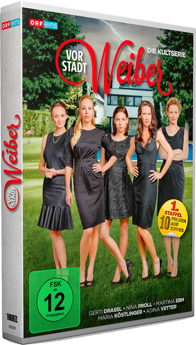 DVD-Cover: Fünf Frauen in schwarzen Kleidern. Titel ist 'Vorstadt Weiber'.