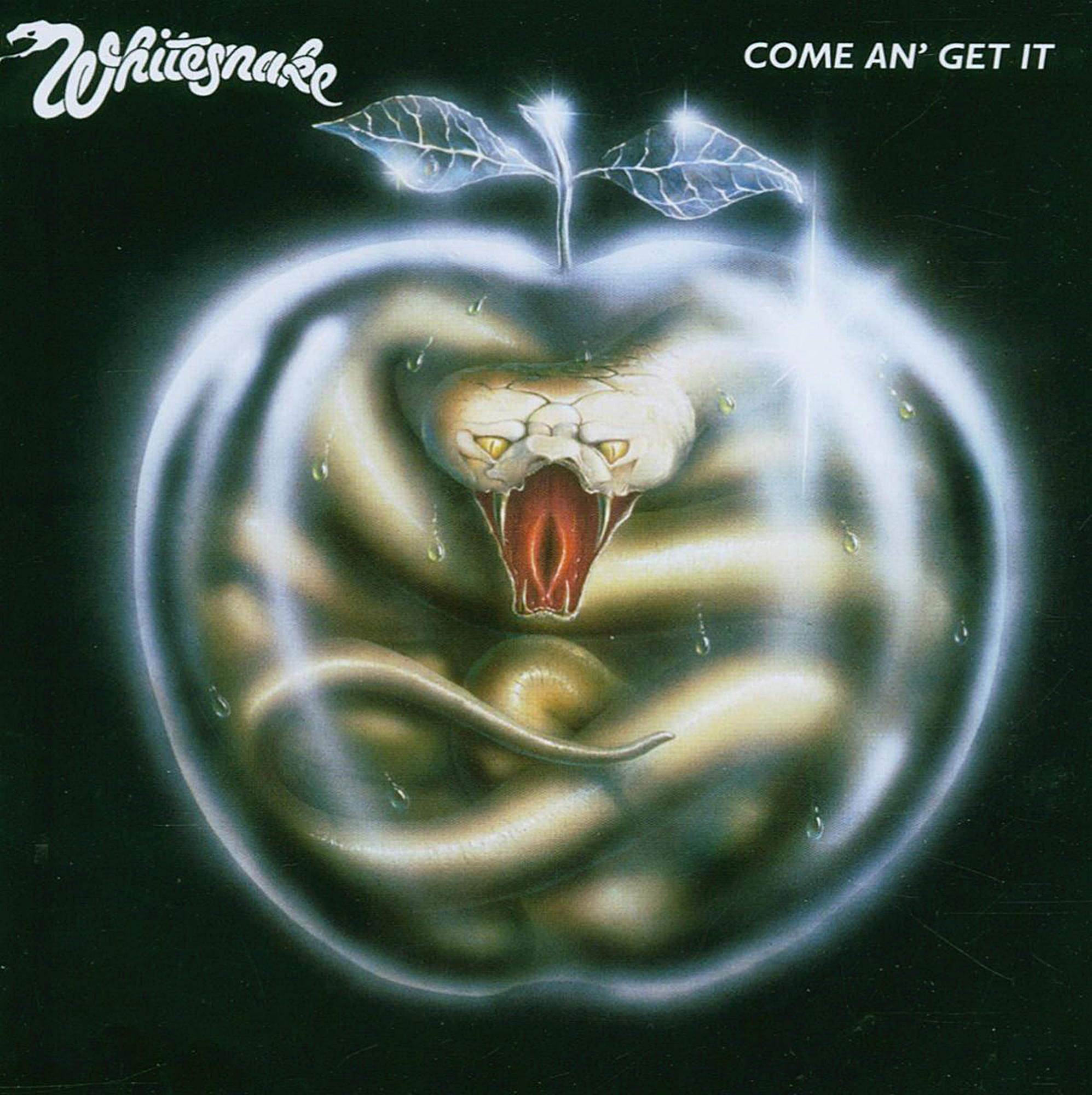 Albumcover: Eine Schlange, die sich in einem Apfel ringelt, mit einem Whitesnake-Logo oben links.