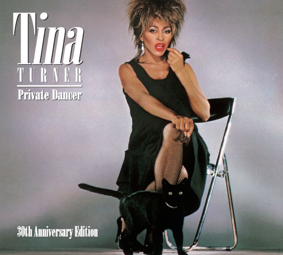Tina Turner album borítója. Egy fekete macska mellett ül. A címe Private Dancer.