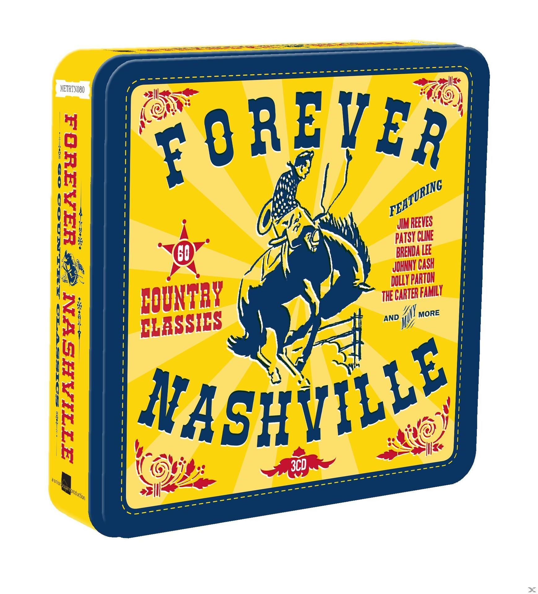 Forever Nashville Dose. Gelber Hintergrund, Cartoon eines Mannes, der einen Bullen reitet, Text überlagert.