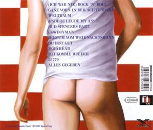 Rücken eines Mannes in weißem Tanktop, zeigt einen Teil seines Gesäßes. Rot-weiß karierter Hintergrund.