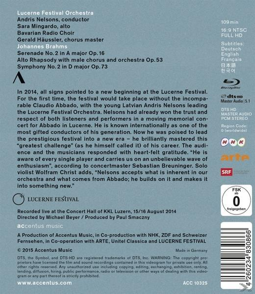 Nelsons Alto Brahms: Rhapsody, Lucerne Serenade - Sara Symphony Bavarian No. No.2 (Blu-ray) Orchestra, Radio Choir, Festival Mingardo, 2, Andris -