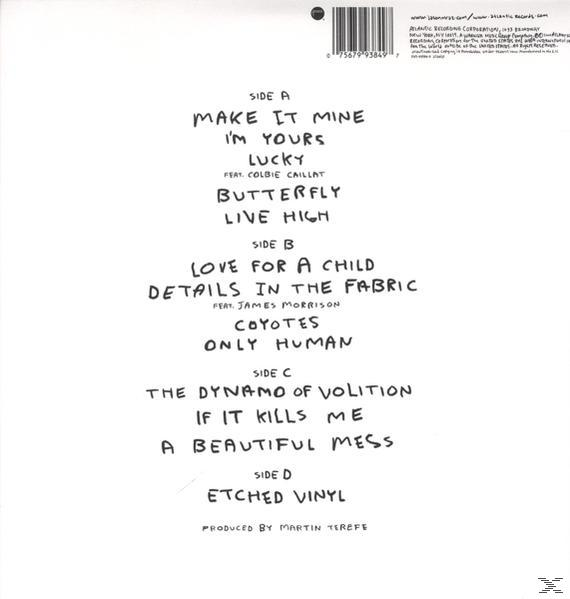 Album-Rückseite mit Titelliste. Handschriftliche Songtitel auf weißem Hintergrund.