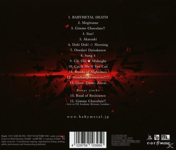 Albumcover mit Titelliste einer japanischen Band. Roter Hintergrund mit etwas Text.