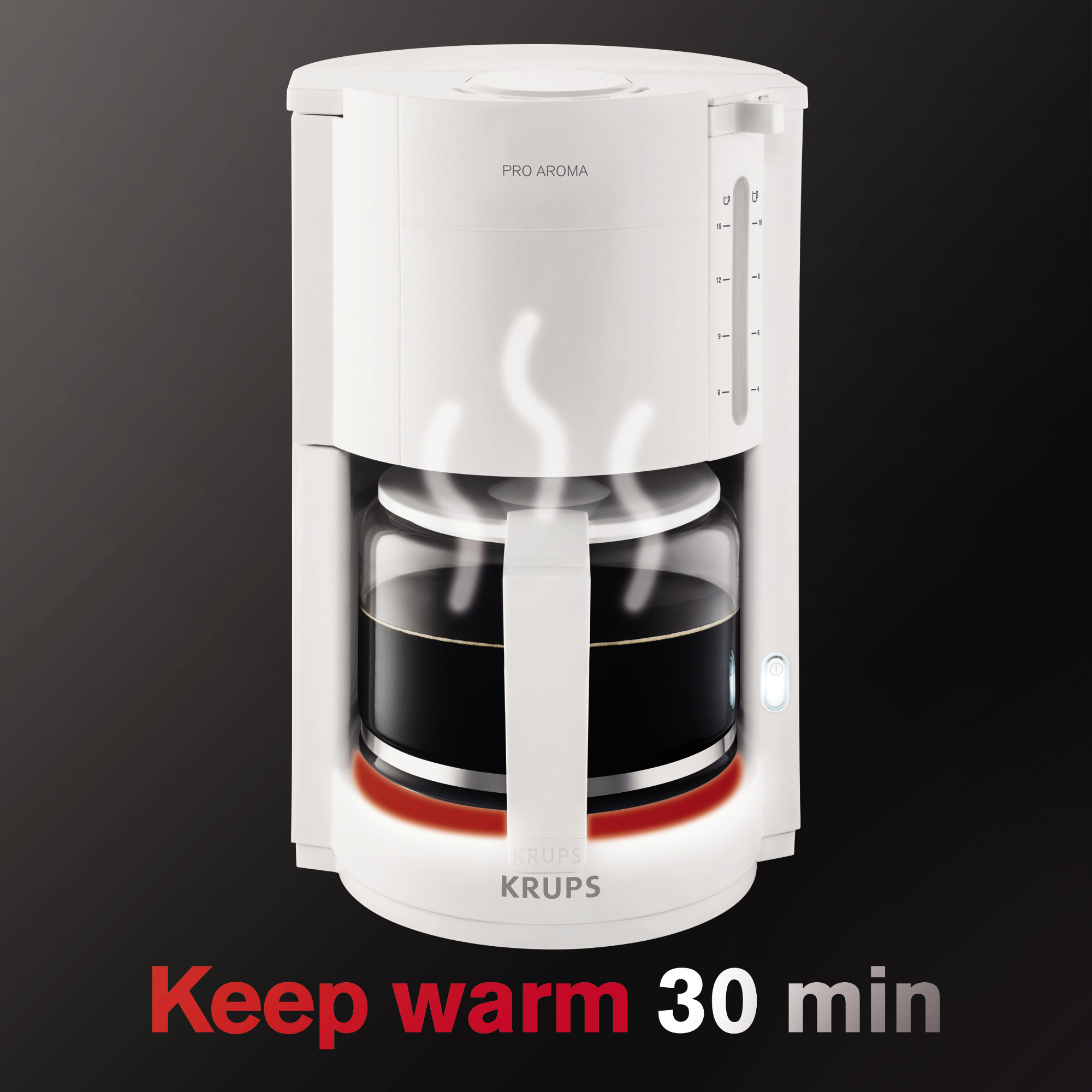 Weißer Krups Kaffeemaschine. Dampf steigt aus der Kanne auf und ein roter leuchtender Sockel. Text: 'Warmhalten 30 Min'.