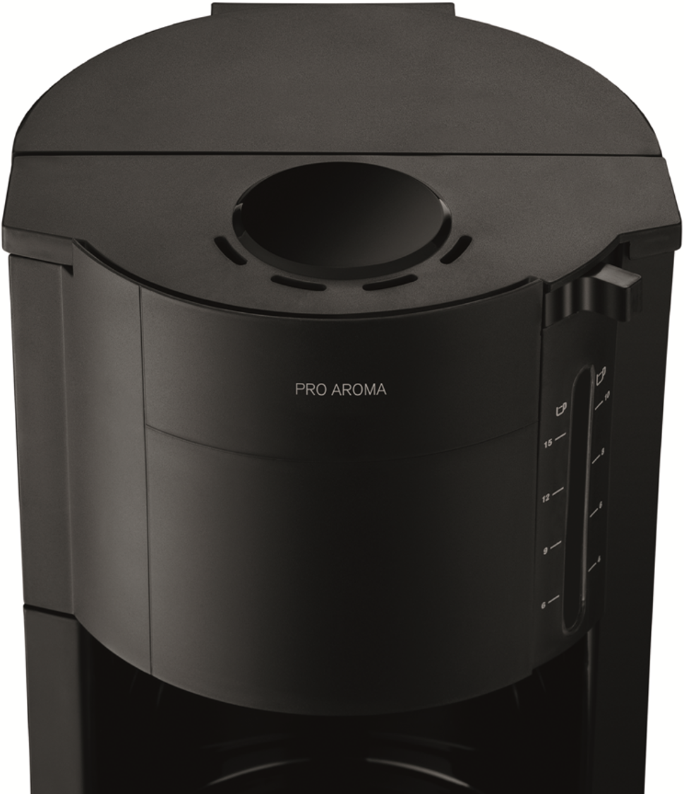 Schwarze Kaffeemaschine mit einem PRO AROMA-Etikett. Seitenansicht mit Wasserstandsanzeigen sichtbar.