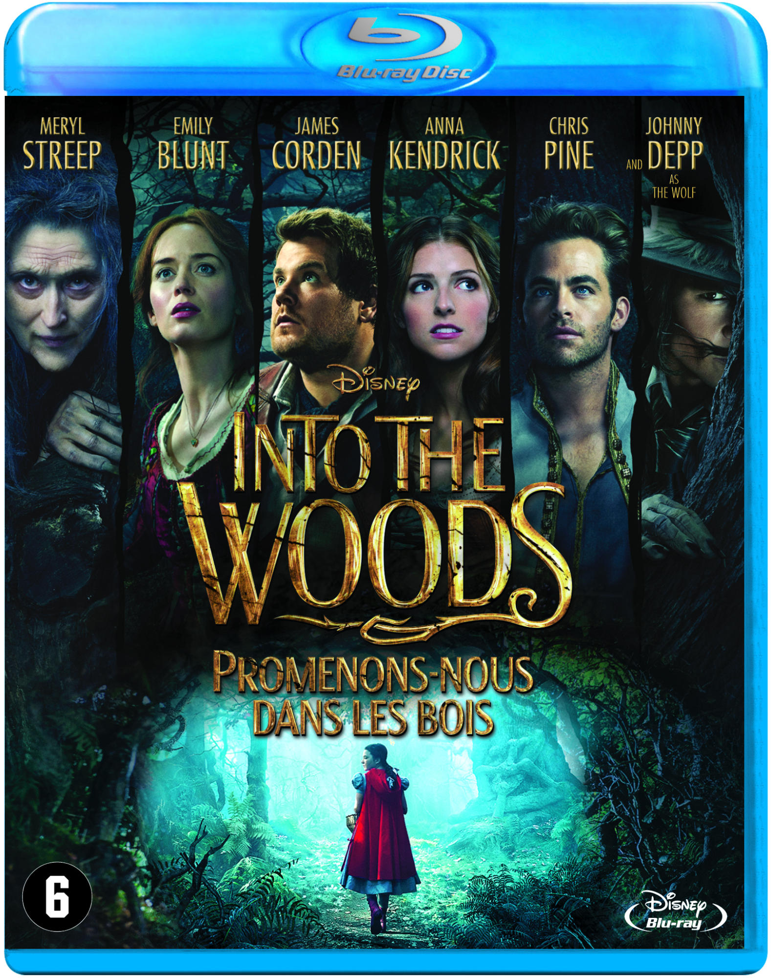 Couverture du DVD de Into the Woods. Elle présente plusieurs acteurs et une fille avec un manteau rouge.