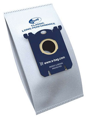 Stofzuigerzak. Witte zak met blauwe voorkant. S-bag logo.