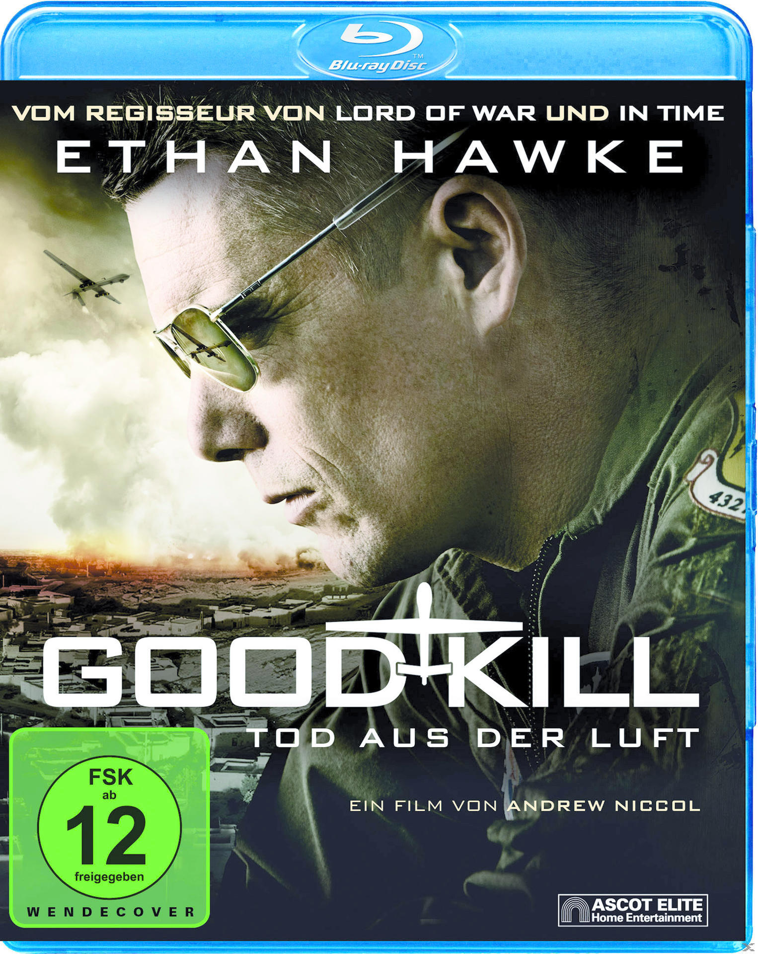 Filmcover: Ethan Hawke. Ein Mann mit Sonnenbrille, der nach unten schaut. Text: Good Kill. Blu-ray Disc.
