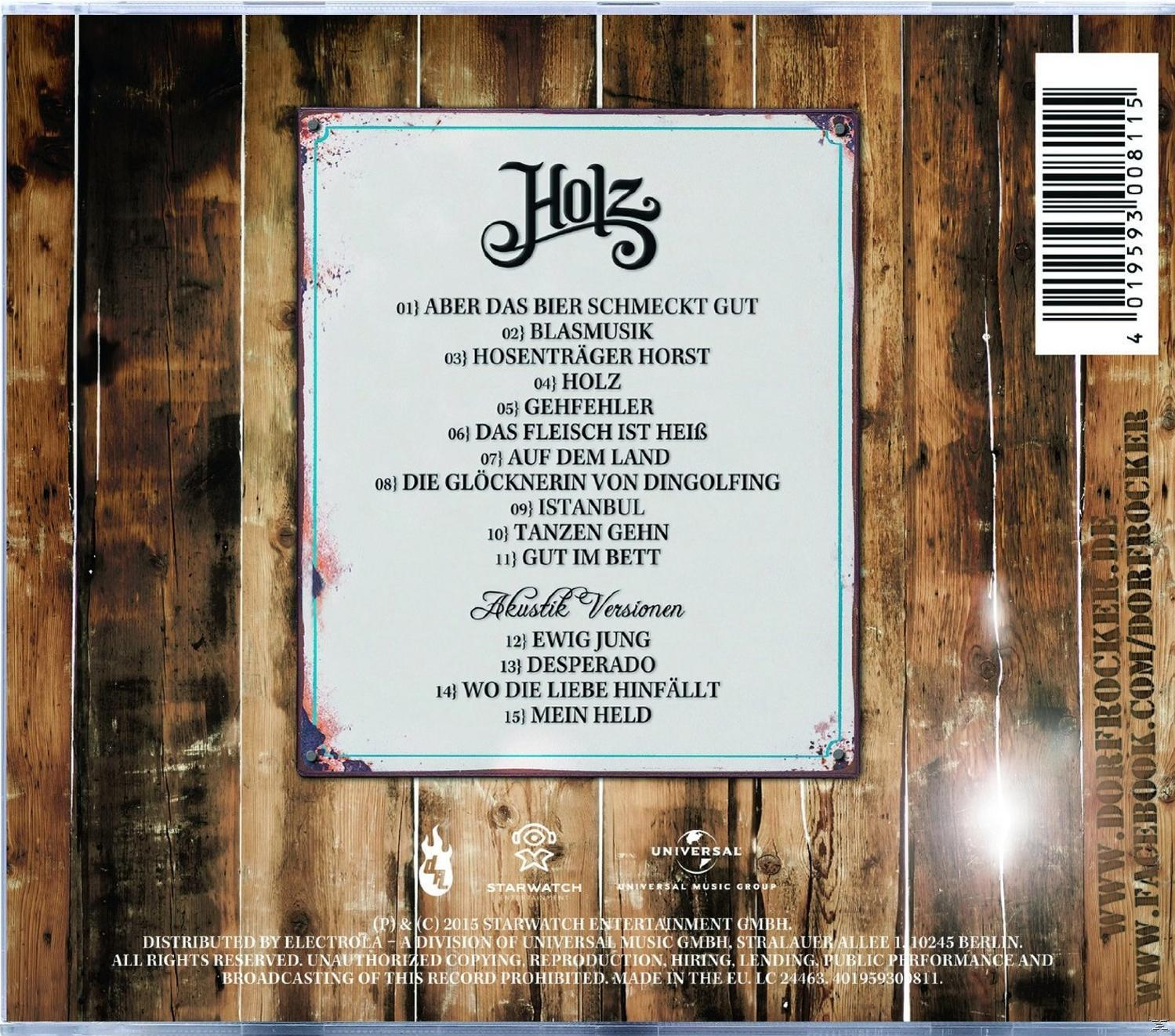 CD-Cover mit Holz-Hintergrund und Text in einem Rahmen. Enthält Titelliste und Bandnamen.