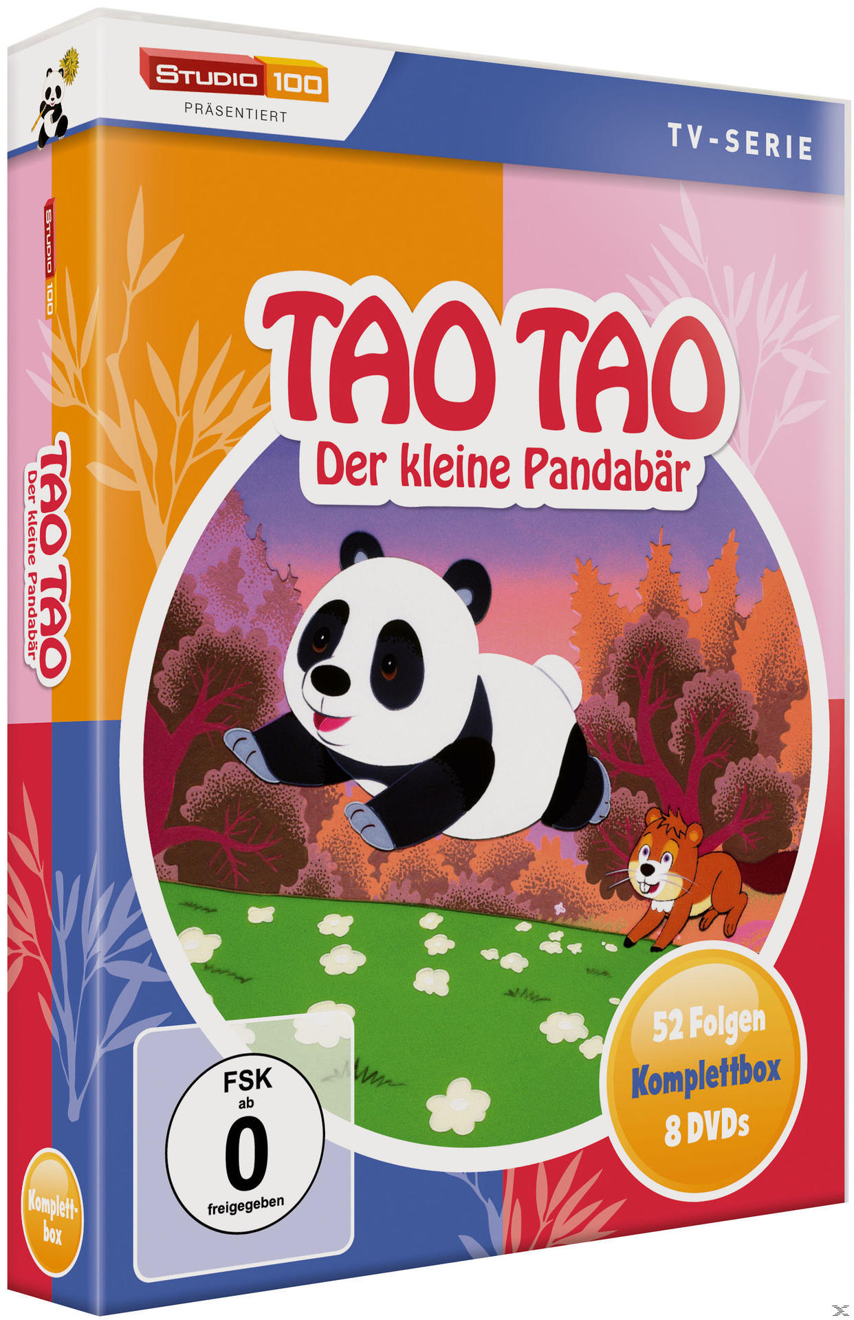 Tao Tao DVD-Box. Panda-Bär-Cartoon auf der Vorderseite. Waldhintergrund und ein Eichhörnchen.