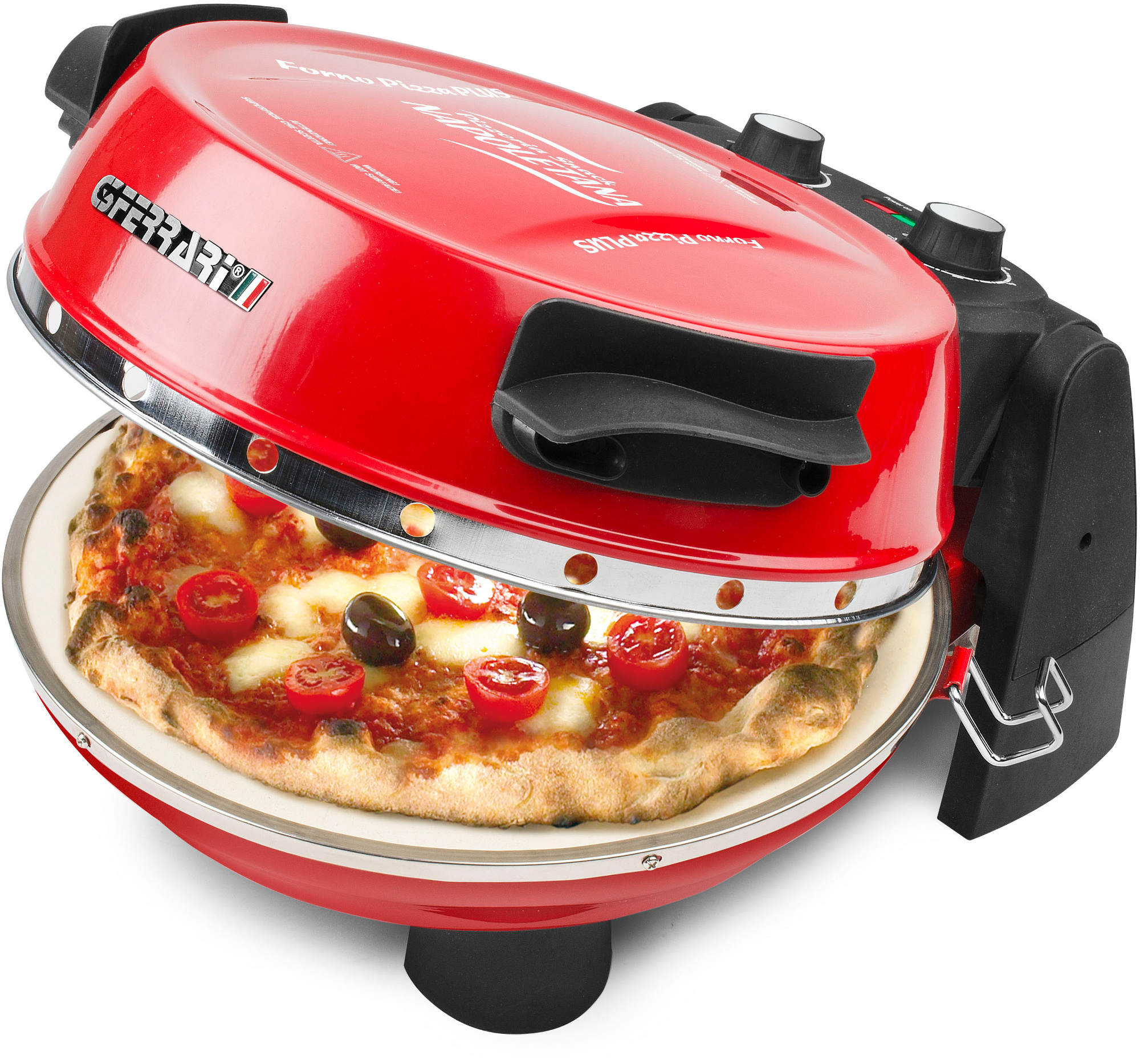 Roter Pizzaofen mit Pizza, belegt mit Tomaten und Oliven.