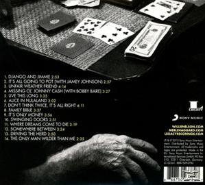 Rückseite einer CD mit einer Hand auf einem Tisch mit Karten und Geld. Die Titelliste befindet sich links.