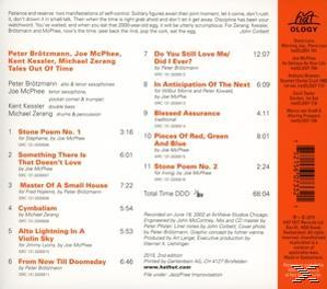 Album-Rückseite mit Titelliste und Text auf orangefarbenem Grund.